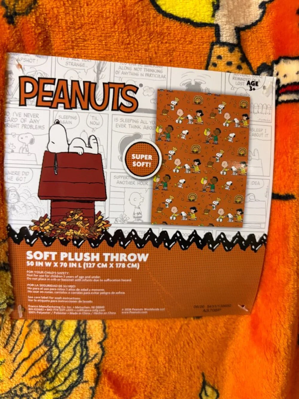 Peanuts Thanksgiving Snoopy Charlie Brown Fall Throw Blanket 50x70 NWT